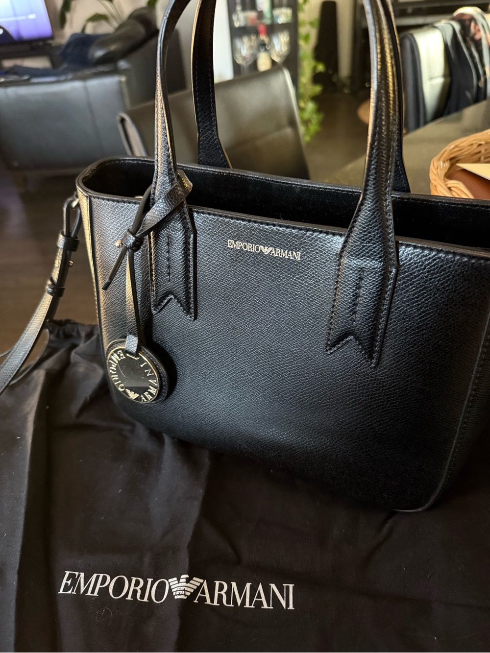 Emporio Armani Black Saffiano Crossbody Tote with Logo Charm